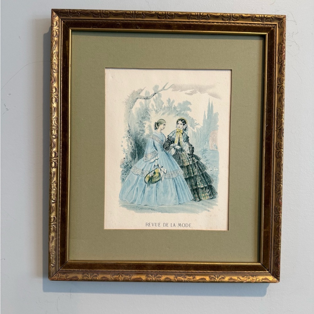 Antique French Fashion Plate Print Revue de la Mode Victorian Framed Art 15x13